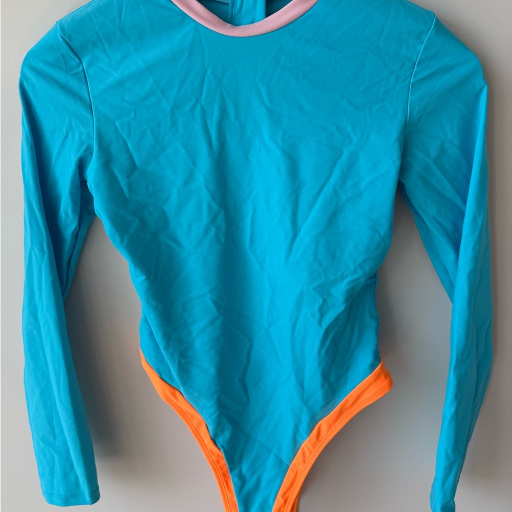 NWOT Blue and Orange Long Sleeve One Piece Swimsuit